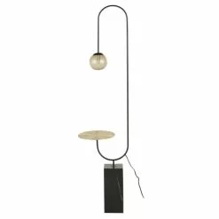 Maisons Du Monde Lampadaires Lampadaire Abat-jour En Verre Fumé Et Pied En Métal Noir, Tablette En Métal Doré H175