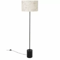 Maisons Du Monde Lampadaires Lampadaire En Métal Noir, Bois D'acacia Et Abat-jour En Coton écru à Motifs Visages H145