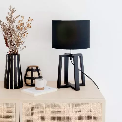 Maisons Du Monde Lampes à Poser Lampe En Bois D'hévéa Et Abat-jour En Coton Noir 2 Maisons Du Monde Lampes à Poser Lampe En Bois D'hévéa Et Abat-jour En Coton Noir – Image 2