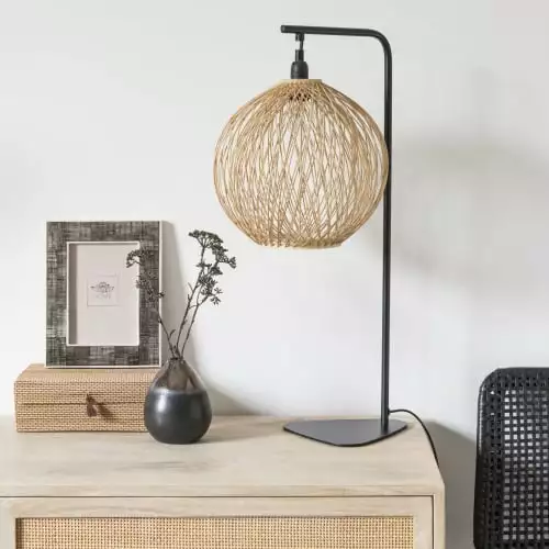Maisons Du Monde Lampes à Poser Lampe En Métal Noir Abat-jour Rond En Bambou 2 Maisons Du Monde Lampes à Poser Lampe En Métal Noir Abat-jour Rond En Bambou – Image 2