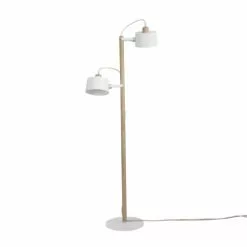 DIZY Design Lampadaires Luminaire à Poser Avec 2 Abat-jours En Chêne Et Métal Blanc