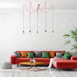 Hoopzi Suspensions Suspension 5 Fils électriques En Tissu Rouge 3,5m Douille Noire -Luminaires Soldes Boutique suspension 5 fils electriques en tissu rouge 3 5m douille noire 3