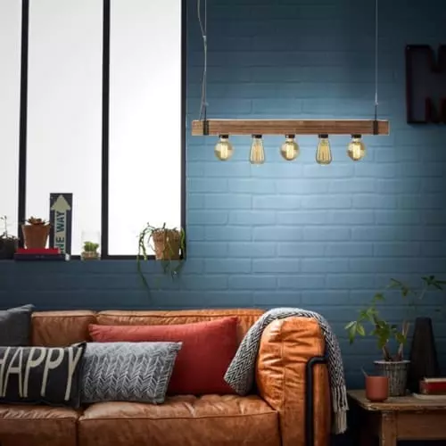 Brilliant Suspensions Suspension Barre 5 Lumières Métal Et Bois L80cm 2 Brilliant Suspensions Suspension Barre 5 Lumières Métal Et Bois L80cm – Image 2