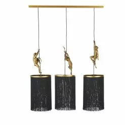 Maisons Du Monde Suspensions Suspension En Métal Doré Et 3 Abat-jours En Franges Noir Ornés De Sculptures De Singes D98