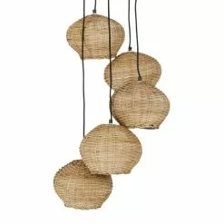 Maisons Du Monde Suspensions Suspension En Métal Noir 5 Abat-jour En Rotin Tressé Main